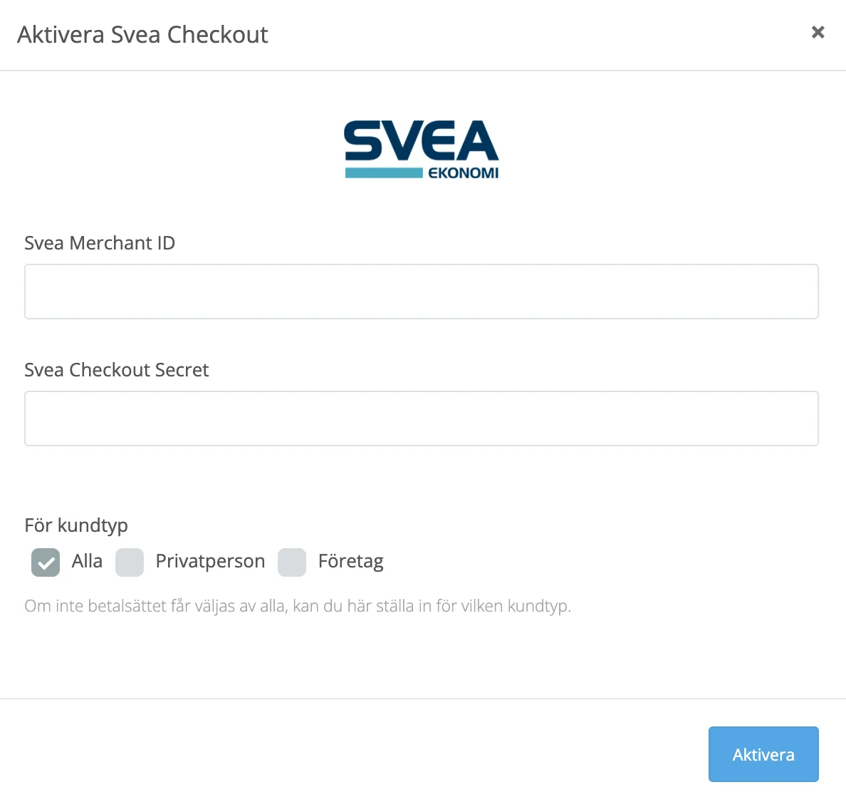 Skjermbilde for: Svea Checkout: Hvordan aktiverer jeg?