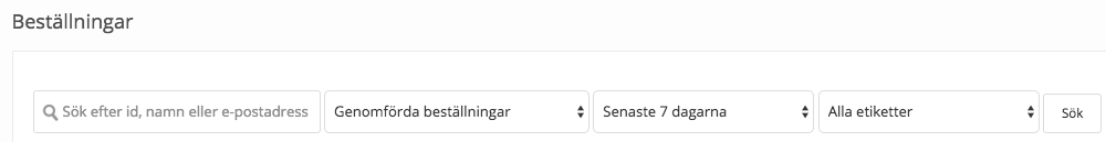 Sök / Filtrera Beställningar